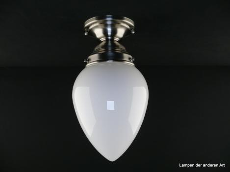 Kompakte Art Deco Deckenleuchte aus Messing matt vernickelt , Schirm weiß opal Überfangglas,  spitz zulaufend, Griffrand 8cm 1xE27/40W