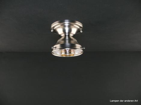 Kompakte Art Deco Deckenleuchte aus Messing matt vernickelt mit schlichtem Fuß für Schirme mit Griffrand 8cm, nach einem Original aus den 20iger Jahren des vergangenen Jahrhunderts, 1xE27/40W