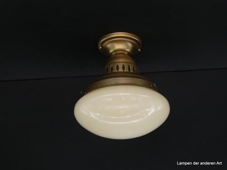 Klassische Jugendstil Deckenlampe Messing, goldbraun patiniert mit beigem Kuppelschirm Griff-Rand 15cm 1xE27/40W