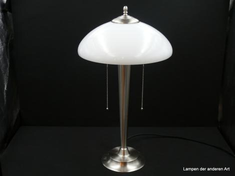 Art Deco Tischleuchte Nickel matt mit weißem Schirm 2xE27/60W