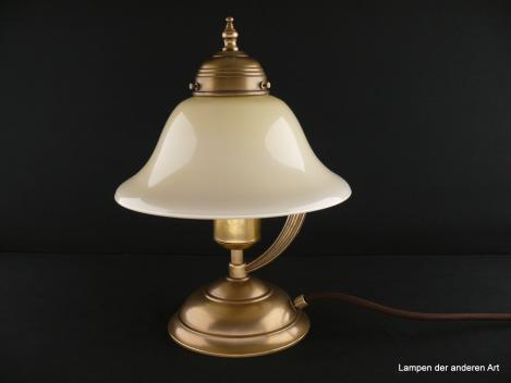 Kleine Jugendstil Beistellleuchte aus Messing goldbraun patiniert mit elfenbeinfarbenen Schirm 1xE27/40W