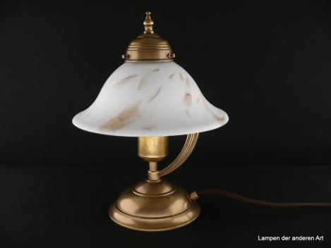 Schicke Jugendstil Beistellleuchte aus Messing goldbraun patiniert mit weiß marmorierten Schirm 1xE27/40W