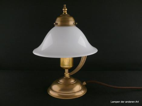Kleine Jugendstil Beistellleuchte aus Messing goldbraun patiniert mit opal weißem Schirm 1xE27/40W