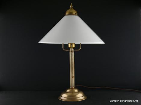 Klassische Jugendstil Sekretärlampe aus goldfarbenen  Messing mit opal weißem geradem Kegelschirm 1xE27/40W, Zugschalter Knotenkette