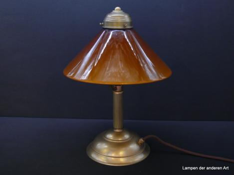 Kleine Jugendstil Sekretärleuchte aus Messing goldfarben patiniert mit Schirm cognacfarben 1xE27/40W