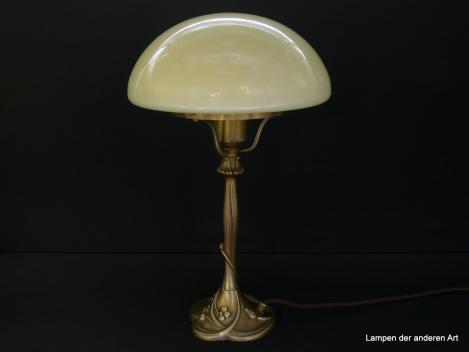 Aparte Jugendstil Pilzleuchte mit floral verziertem Fuss aus Messing hell patiniert  und elfenbeinfarbenen Kuppelschirm 1xE27/60W