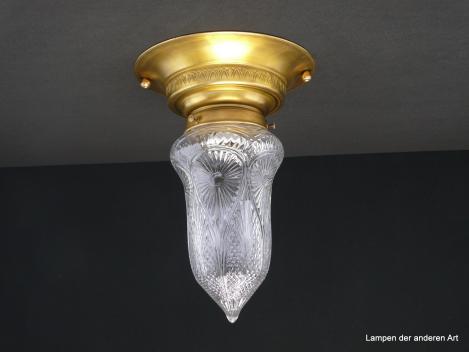 Jugendstil Deckenleuchte, Glashalter Griffrand 8cm, Messingabdeckung, Glasschirm klar nachempfundenes Schliffmuster, original Messingfassung 1xE27/40W