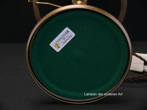 Preview: antike aufgearbeitete Pilzleuchte mit typischem Art Deco Glas, Gestell aus hell patiniertem Messing, Mittelsäule mit drei stilisierten Fabeltieren 1xW27/40W, Detail von unten