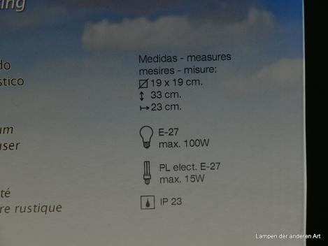 Origialkarton für die Außenleuchte, Detail technische Daten