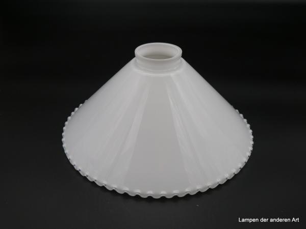 Jugendstil Lampenschirm gezackter Rand, hochwertiges Überfangglas opal weiß, kegelförmig, H: 10cm, D: 25cm, Griff-Rand: 6 cm