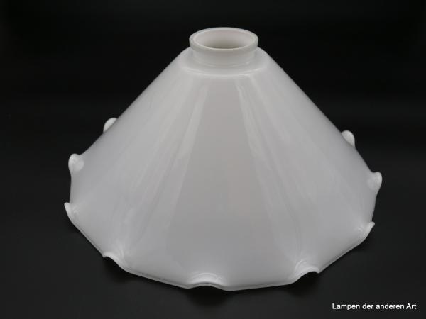 Jugendstil Lampenschirm, Kegelform, gelippter Rand, Glas weiß opal, D: 31cm, H: 13cm, Nostalgie Ersatzglas, Glashalter Griffrand 6 cm