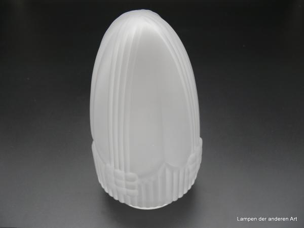 Jugendstil Lampenschirm historisch nachempfunden, Glas grau satiniert, reliefierte Verzierungen, vier von einem umlaufenden Podest aufstrebende Säulen vereinen sich in der Spitze des zapfenförmigen Ersatzglases H: 18cm,D: 10cm, Glashalter Griffrand 8cm