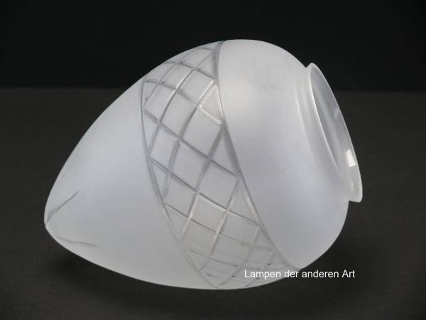 Jugendstil Lampenschirm, Verzierung Kristallschliff, satinierter Grund, Zapfenform, Sternschliff in der Spitze, umlaufendes Band Rautenschliff, Nostalgie Ersatzglas, Glashalter Griffrand 8cm - kurze Höhe deshalb Sonderpreis, liegend