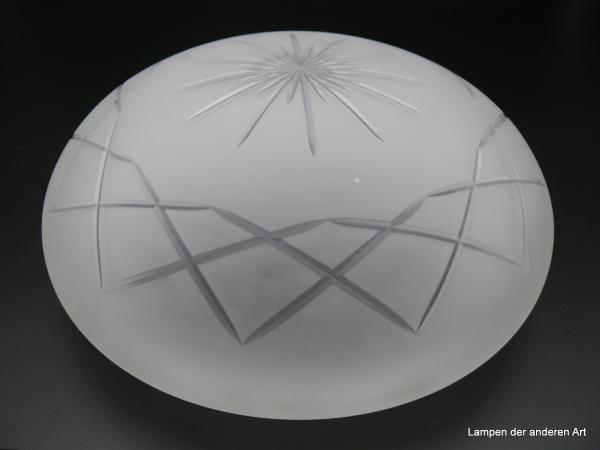 Jugendstil Kuppelschirm aus grau satiniertem Glas, mit aufwändiger Kerbschlifftechnik,  H: 12cm, D: 30cm, Griff-Rand : 25cm