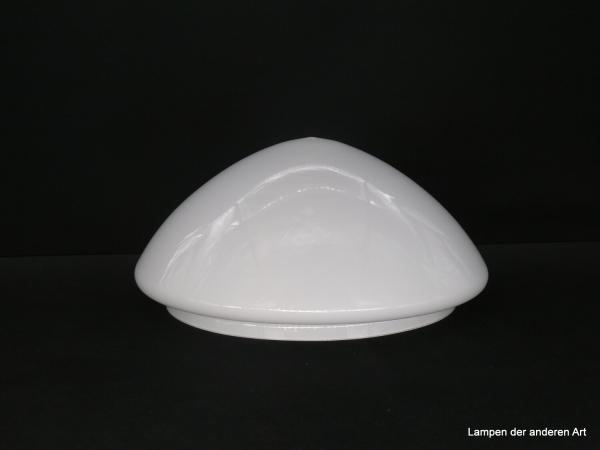 Jugendstil Lampenschirm, Glas weiß opal, geschlossene mittig spitz zulaufende Lampenglocke H: 14cm, D: 29cm, Griffrand 25cm