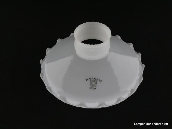 Jugendstil Lampenschirm gebraucht, gemarkt Autosit Schott&Gen. Jena, 621w, opal weißer Grund, gezahnter Rand, Nostalgie Ersatzschirm für Gaslampen, D: ca.19,5cm, H: ca.8cm, Hals Ø ca.55mm