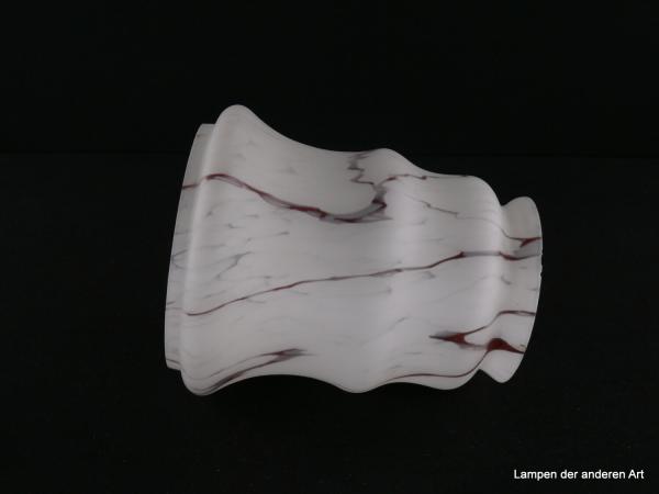 Art Deco Lampenschirm gebraucht, 3-fach eingeschnürter Glaszylinder marmoriert, leicht konisch anschwellend, weißer Grund von grau braunen Adern durchzogen, Nostalgieschirm, Ersatzglas D: 13cm, H: 15cm, Glashalter Griffrand 8cm, liegend