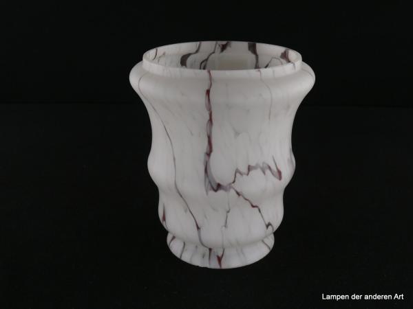 Art Deco Lampenschirm gebraucht, 3-fach eingeschnürter Glaszylinder marmoriert, leicht konisch anschwellend, weißer Grund von grau braunen Adern durchzogen, Nostalgieschirm, Ersatzglas D: 13cm, H: 15cm, Glashalter Griffrand 8cm, von unten