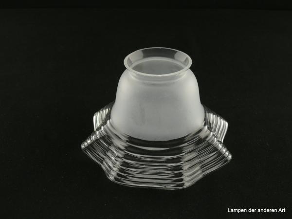 Jugendstil Lampenschirm gebraucht, Glas im Schaft satiniert, farbloses Klarglas im ausgestellten in Wellen gelegten Rand, Nostalgie Ersatzglas für alte Lampen D: 15cm, H: 9cm, Glashalterand Griffrand 6cm
