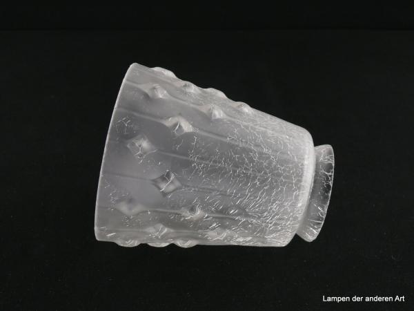 Art Deco Lampenschirm gebraucht, krakeliertes Glas, satiniert, Zylinder leicht konisch geweitet, untere Wandungszone mit rhombenförmigen Erhebungen verziert, Nostalgie Ersatzglas für alte Lampen D: 10,5cm, H: 12,5cm, Glashalterand Griffrand 6cm, liegend