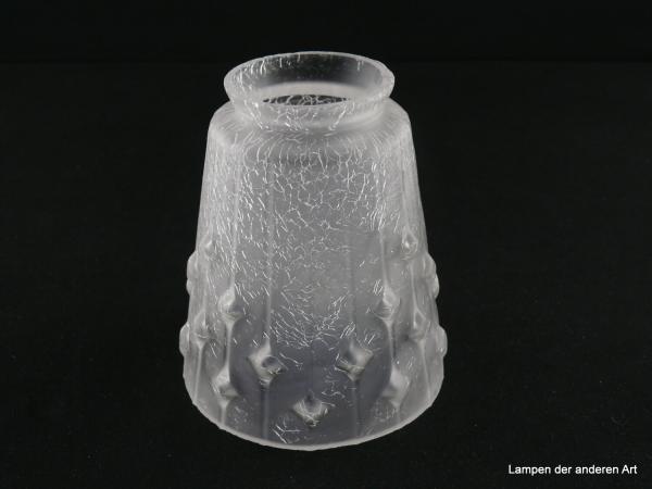 Art Deco Lampenschirm gebraucht, krakeliertes Glas, satiniert, Zylinder leicht konisch geweitet, untere Wandungszone mit rhombenförmigen Erhebungen verziert, Nostalgie Ersatzglas für alte Lampen D: 10,5cm, H: 12,5cm, Glashalterand Griffrand 6cm