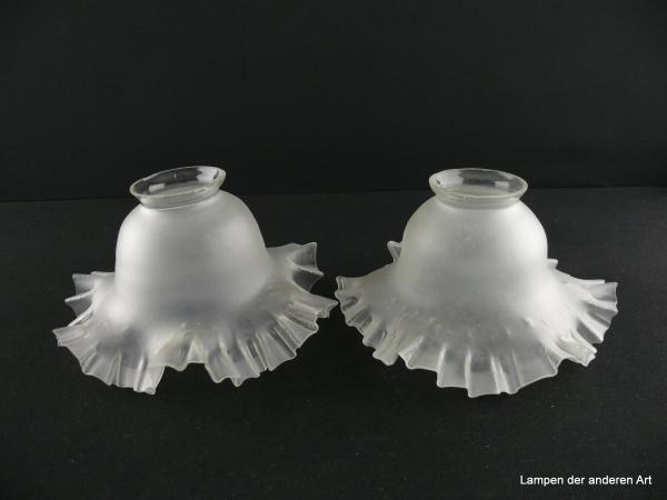 2-er Set Jugendstil Lampenschirm gebraucht, Glas grau satiniert, Schüsselform, glatte Wandung, breiter gezackter Rand, Nostalgie Ersatzglas für alte Lampen, D: ca. 19cm, H: ca. 10,3cm, Glashalter Griffrand 6cm