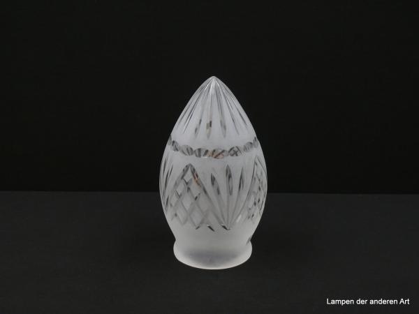 Jugendstil Lampenschirm gebraucht, Zapfenform, Klarglas satiniert und geschliffen, umlaufende Girlande im Olivenschliff, Zapfenspitze im Kerbschliff verziert, obere Wandungszone Rhombenmuster und gefächerte Linien,  D: 9cm, H: 17cm, Grriffrand 8cm