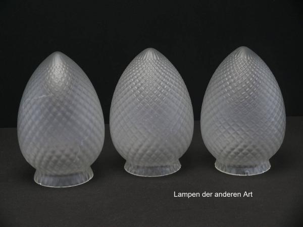 3-er Set Jugendstil Lampenschirm gebraucht, Klarglas satiniert, stilisierter Pinienzapfen, Wandungsoberfläche mit kleinen Rauten reliefiert, Nostalgieglas, Ersatzschirm, D: ca.10cm, H: ca.16cm, Griffrand 8cm, herstellungsbedingte Lufteinschlüsse