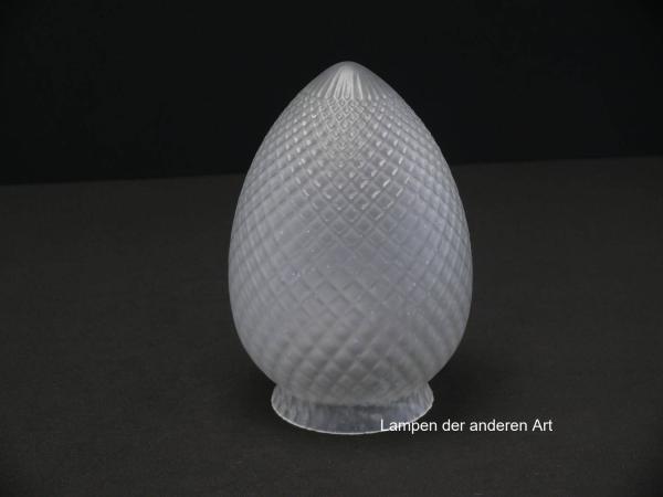 3-er Set Jugendstil Lampenschirm gebraucht, Klarglas satiniert, stilisierter Pinienzapfen, Wandungsoberfläche mit kleinen Rauten reliefier, Ersatzschirm, D: ca.10cm, H: ca.16cm, Griffrand 8cm, herstellungsbedingte Lufteinschlüsse, einzeln stehend