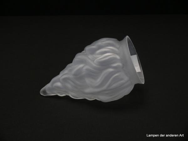 Jugendstil Lampenschirm gebraucht, antikes Glas grau satiniert, stilisierte lodernde Flamme, zapfenförmig geformt, reliefierte Oberfläche, Nostalgie Ersatzschirm D: ca.10cm, D: ca.17cm, Glashalter Griffrand 8cm, liegend