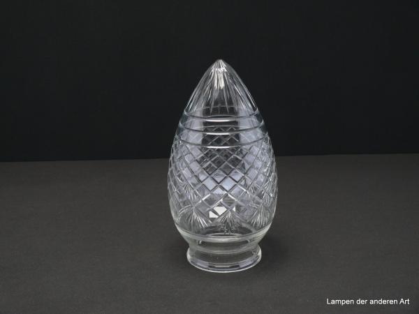 Jugendstil Lampenschirm gebraucht, antik, Klarglas mit Kerbschliff, mittig geschliffene Rauten, zapfenförmig in der Spitze mit geschliffenen Strahlen, geschliffene Ringlinien, Nostalgie Ersatzschirm D: ca.10cm, H: ca.20cm, Glashalter Griffrand 8cm