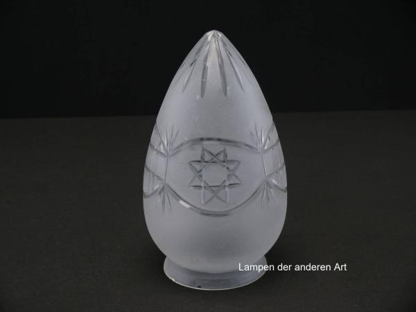 Jugendstil Lampenschirm gebraucht, im 3-er Set, Klarglas satiniert, Zapfenform, Wandungsmitte umlaufendes Schmuckband mit geschliffenen Ornamenten, Oktagrame und Quadrate im Wechsel, umschlossen von geschwungenen Linien, einzeln stehend