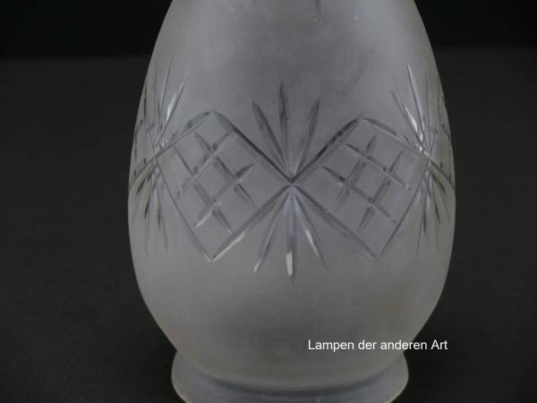 Jugendstil Lampenschirm gebraucht, im 3-er Set, Klarglas satiniert, Zapfenform, Wandungsmitte umlaufendes Schmuckband mit geschliffenen Kreuzen, final Sternschliff, Detail Dekorschliffband