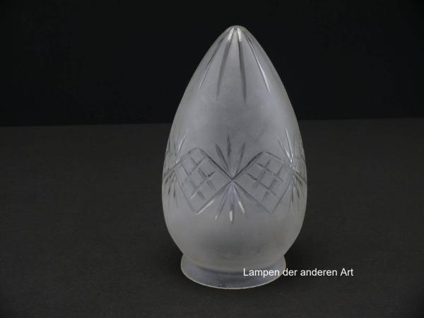 Jugendstil Lampenschirm gebraucht, im 3-er Set, Klarglas satiniert, Zapfenform, Wandungsmitte umlaufendes Schmuckband mit geschliffenen Kreuzen, final Sternschliff, einzeln stehend