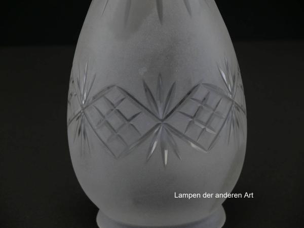 Jugendstil Lampenschirm gebraucht, im 3-er Set, Klarglas satiniert, Zapfenform, Wandungsmitte umlaufendes Schmuckband mit geschliffenen Kreuzen, final Sternschliff, Detail Dekorschliffband