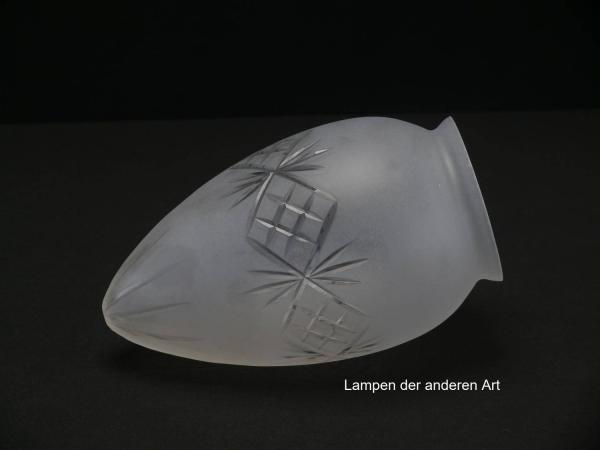 Jugendstil Lampenschirm gebraucht, im 3-er Set, Klarglas satiniert, Zapfenform, Wandungsmitte umlaufendes Schmuckband mit geschliffenen Kreuzen, final Sternschliff, einzeln liegend