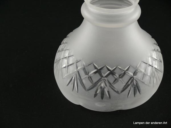 4-er Set Jugendstil Lampenschirm gebraucht, Glas grausatiniert, Kelchform, geschliffenes Band aus Kreuzen am unteren Rand, Ersatzschirm für alte Lampen, D: ca.11,5cm, H: ca.10cm, Glashalter Griffrand 6cm, Schirm mit innenliegender offener Gasblase