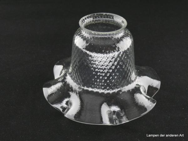 Jugendstil Lampenschirm gebraucht, Klarglas, gerader Zylinder mit wabenähnlicher Oberflächenstruktur, vertikal abstehender Rand, sechsfach gekerbt, Nostalgie Ersatzglas für alte Lampen, D: ca.15,5cm, H: ca.10,5cm, Glashalterand Griffrand 6cm