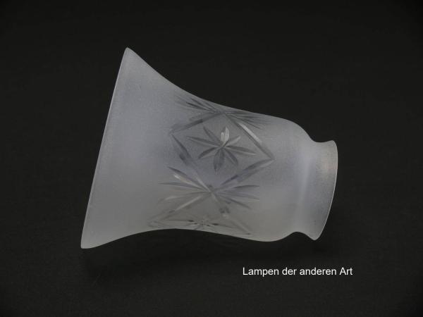 3-er Set Jugendstil Lampenschirm gebraucht, Glas satiniert, Glockenform, mittig geschliffenes umlaufendes Ornamentband, Nostalgie Ersatzglas, D: ca.11cm, H: ca.12cm, Glashalter Griffrand 6cm, seitlich