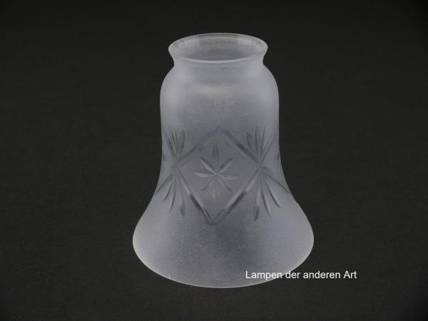 3-er Set Jugendstil Lampenschirm gebraucht, Glas satiniert, Glockenform, mittig geschliffenes umlaufendes Ornamentband, Nostalgie Ersatzglas, D: ca.11cm, H: ca.12cm, Glashalter Griffrand 6cm, einzeln