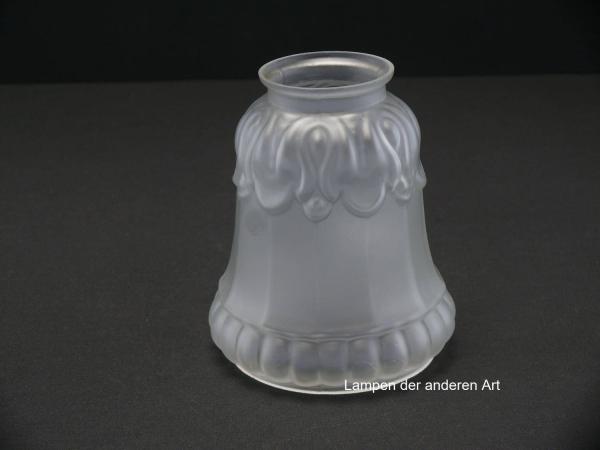 Jugendstil Lampenschirm gebraucht, Glas satiniert, zylindrischer Körper, zart gekantet, unterhalb der Schulter erhabenes Dekor, abgesetzter eingezogener unterer Rand, Nostalgieglas, antiker Ersatzschirm, D:  ca.11cm, H: ca.13cm, Glashalter Griffrand 6cm