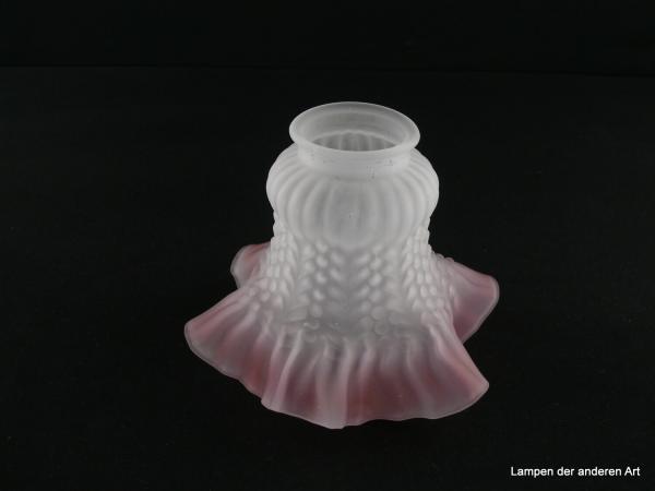 Jugendstil Lampenschirm gebraucht, Glas grau satiniert, rosa Rand, verschnörkelter Aufbau, reliefierte Oberfläche,  Nostalgie Ersatzglas für alte Lampen, D:  ca. 16cm, H: ca. 12cm, Glashalterand Griffrand 6cm