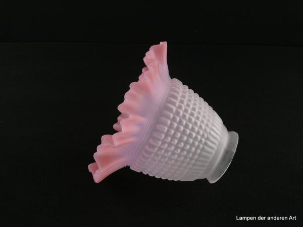Jugendstil Lampenschirm gebraucht, Glas grau satiniert, rosa Faltensaum als Abschlussrand,  mit geometrischen Formen dekorierter Zylinder, Nostalgie Ersatzglas für alte Lampen, D:  ca. 15,5cm, H: ca. 11,5cm, Glashalterand Griffrand 6cm, liegend