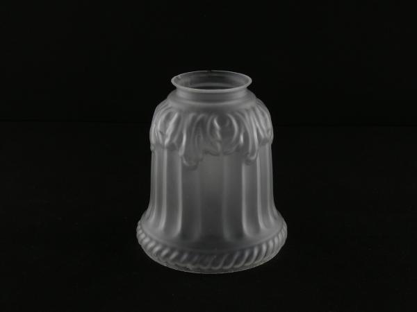Jugendstil Lampenschirm gebraucht, satiniertes Glas, konisch, schmale Schulter verziert mit reliefierten Blättern, zum Rand leicht ausgestellt, umlaufende Abschlussgirlande, Nostalgie Ersatzschirm D: 11cm, H: 12cm, Glashalter Griffrand 6cm