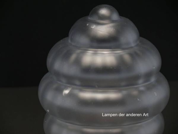 3-er Set Art Deco Lampenschirm gebraucht, Glas satiniert grau, Olivenform sechsfach getreppt, ab der Mitte zu beiden Seiten sich verjüngend, Nostalgieglas für alte Lampen D: ca.12cm, H: ca.18cm, Glashalter Griffrand 8cm, Detail Luftblasen