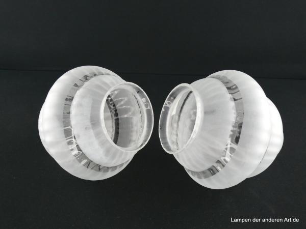 2-er Set Jugendstil Lampenschirm gebraucht, Glas grau satiniert, runde, sich verjüngende Form, dreifach gestuft, in den drei Kehlen Klarglas, Nostalgie Ersatzglas, D: ca.13,5cm, H: ca.15cm, Glashalter Griffrand 8cm, liegend