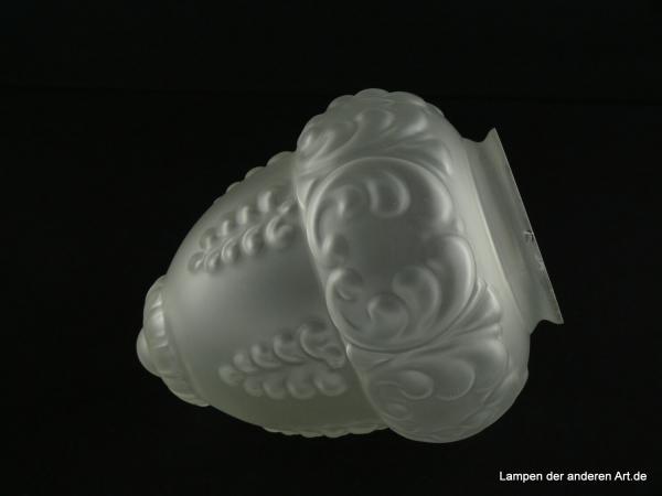 Jugendstil Lampenschirm gebraucht, Glas grau satiniert, bauchige Form, gestuft, aufgelegte geschwungene Dekorationselemente, finaler Abschluss mit aufgesetztem strukturiertem Häubchen, Ersatzglas für alte Leuchten, Glashalter 8cm, liegend