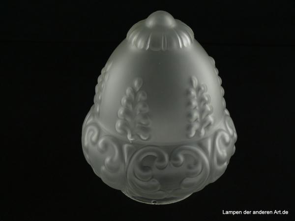 Jugendstil Lampenschirm gebraucht, Glas grau satiniert, bauchige Form, gestuft, aufgelegte geschwungene Dekorationselemente, finaler Abschluss mit aufgesetztem strukturiertem Häubchen, Ersatzglas für alte Leuchten, D: ca.13cm, H: ca.16cm, Glashalter 8cm