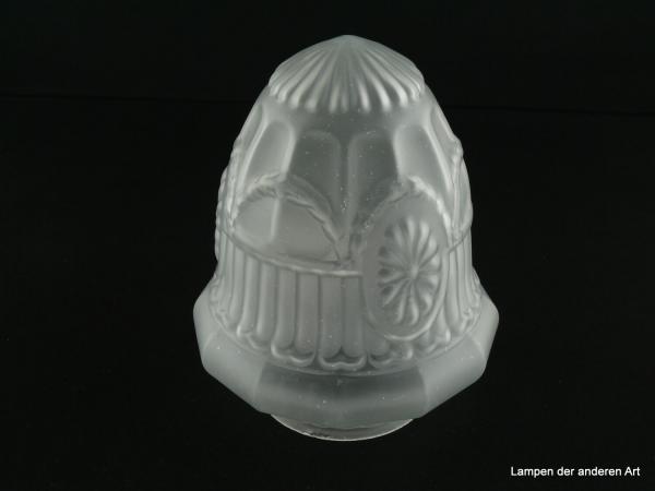 Jugendstil Lampenschirm gebraucht, Glas grau satiniert, Gesims am Schirmhals, Wandung mit verschiedenen Strukturelementen gestaltet, final erhabene Rosette, Nostalgie Ersatzglas D: ca.13cm, H: ca.16cm, Glashalter Griffrand 8cm