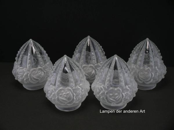 5-er Set Jugendstil Lampenschirm gebraucht, Glas teils klar, teils satiniert, plastisches Rosendekor umlaufend unterhalb des Schirmhalses, gekantete spitz zulaufende Wandung, Kanten mit Perlstabdekor, Nostalgie Ersatzglas, Glashalter Ø 8cm